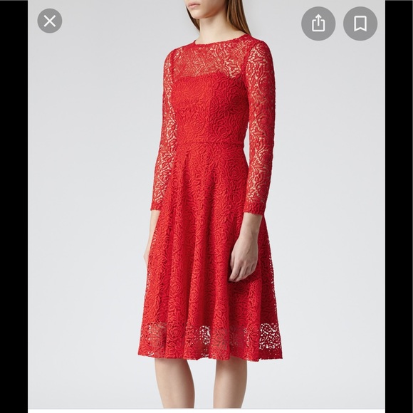 REISS - LONG SLEEVE RED GUIPURE LACE MIDI LADY DRESS - NWTags - Picture 5 of 8